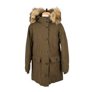 J Crew Nordic Down Parka Womens Small Army Green Sherpa Lined Hood Faux Fur Trim
